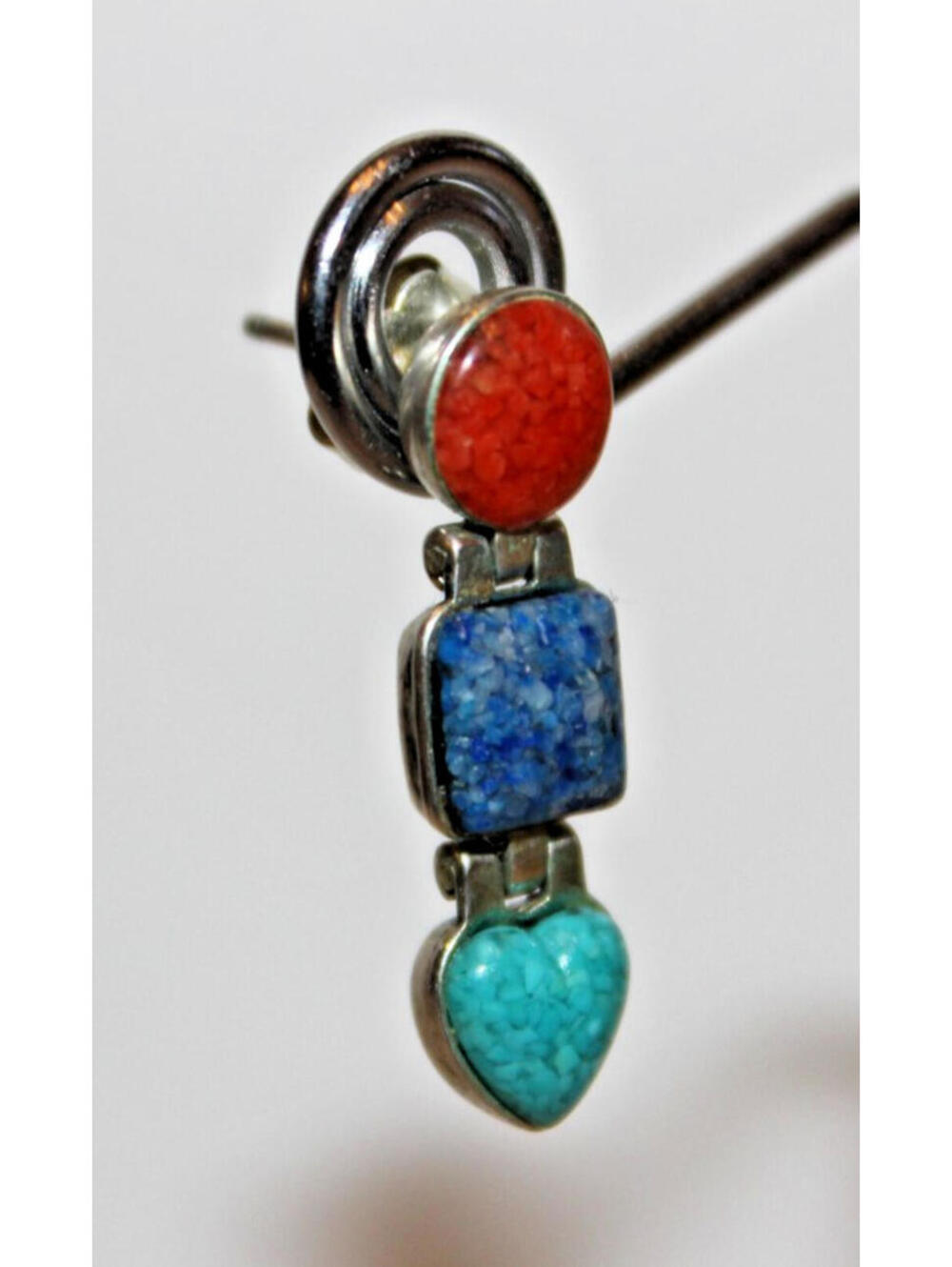 Vintage Native American Sterling Silver Mosaic Inlay Symbol Earrings Turquoise